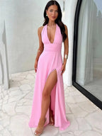 Halter Neck V-neck Slit Sleeveless Sexy Party Long Dress