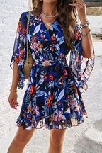 Floral Print Wrap V-Neck Three Quarter Sleeve Tie Waist Ruffle Hem Mini Dress