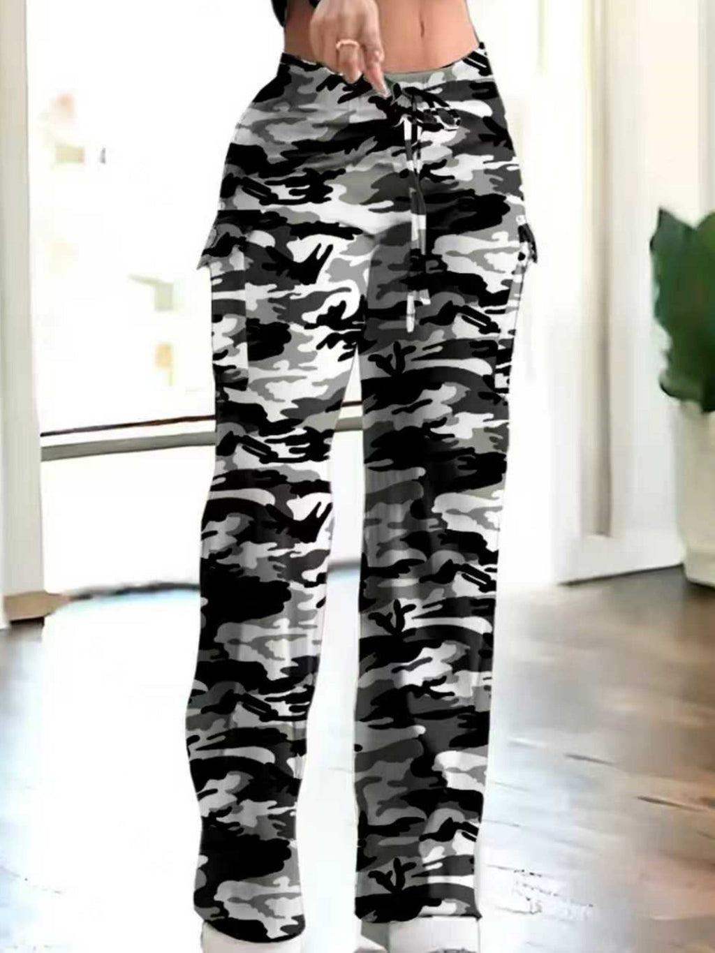 Camouflage Elastic Waistband Lace Up Pocket Cargo Trousers