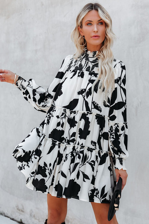 Smocked Mock Neck Balloon Sleeve Tiered Floral Print Mini Dress