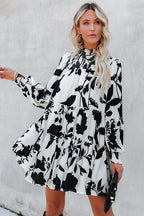 Smocked Mock Neck Balloon Sleeve Tiered Floral Print Mini Dress