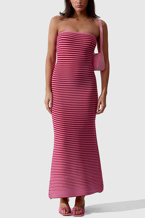 Strapless Tube Striped Knit Maxi Bodycon Dress