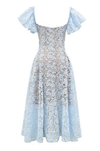V Neck Flare Sleeves Floral Lace Midi Dress
