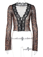 Leopard Print Mesh Lace Patchwork Long-sleeved T-shirt