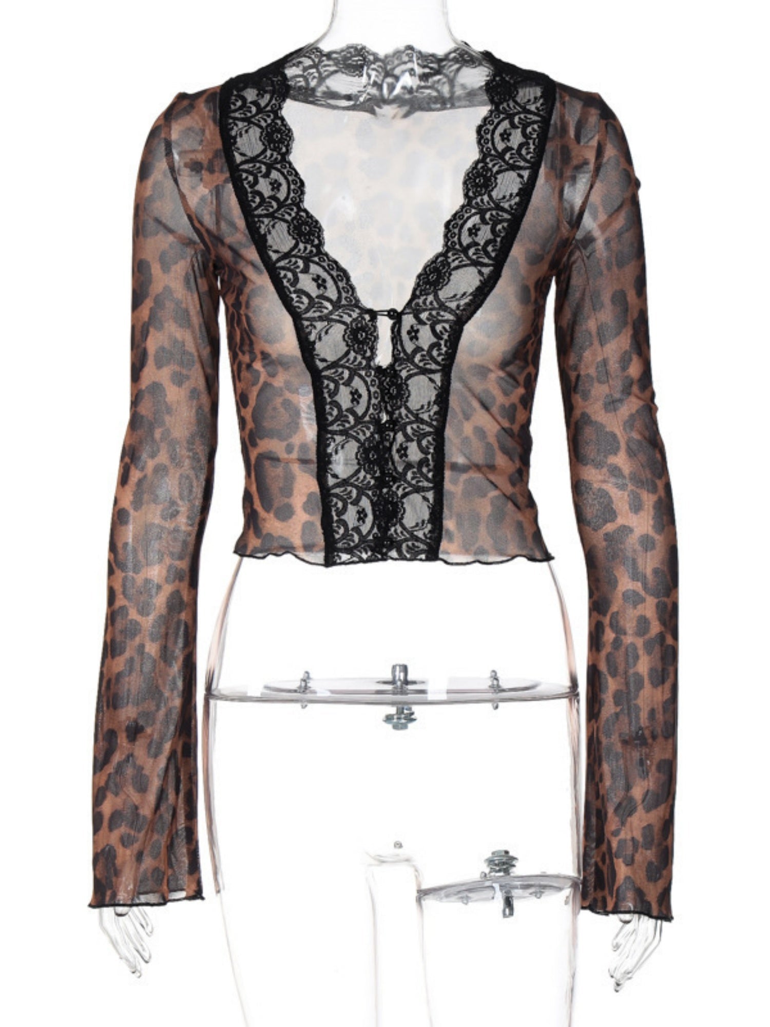 Leopard Print Mesh Lace Patchwork Long-sleeved T-shirt