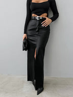 PU Leather High-waisted Slim Fit Hip Body Slit Longline Skirts