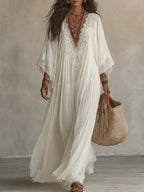 Batwing Sleeves V-neck Lace Stitching Beach Dress Seaside Smock Maxi Dresses