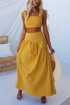 Ruched Elastic Straps Crop Top and High Waist Swing Maxi Skirt Set