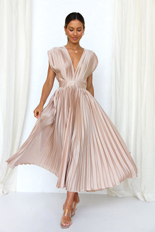 Pleated Satin Deep V-Neck Cap Sleeve Cinched Waist A-Line Midi Dress