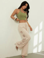 Minimalist Style Drawstring Hollow-out Solid Color Loose Wide-leg Trousers
