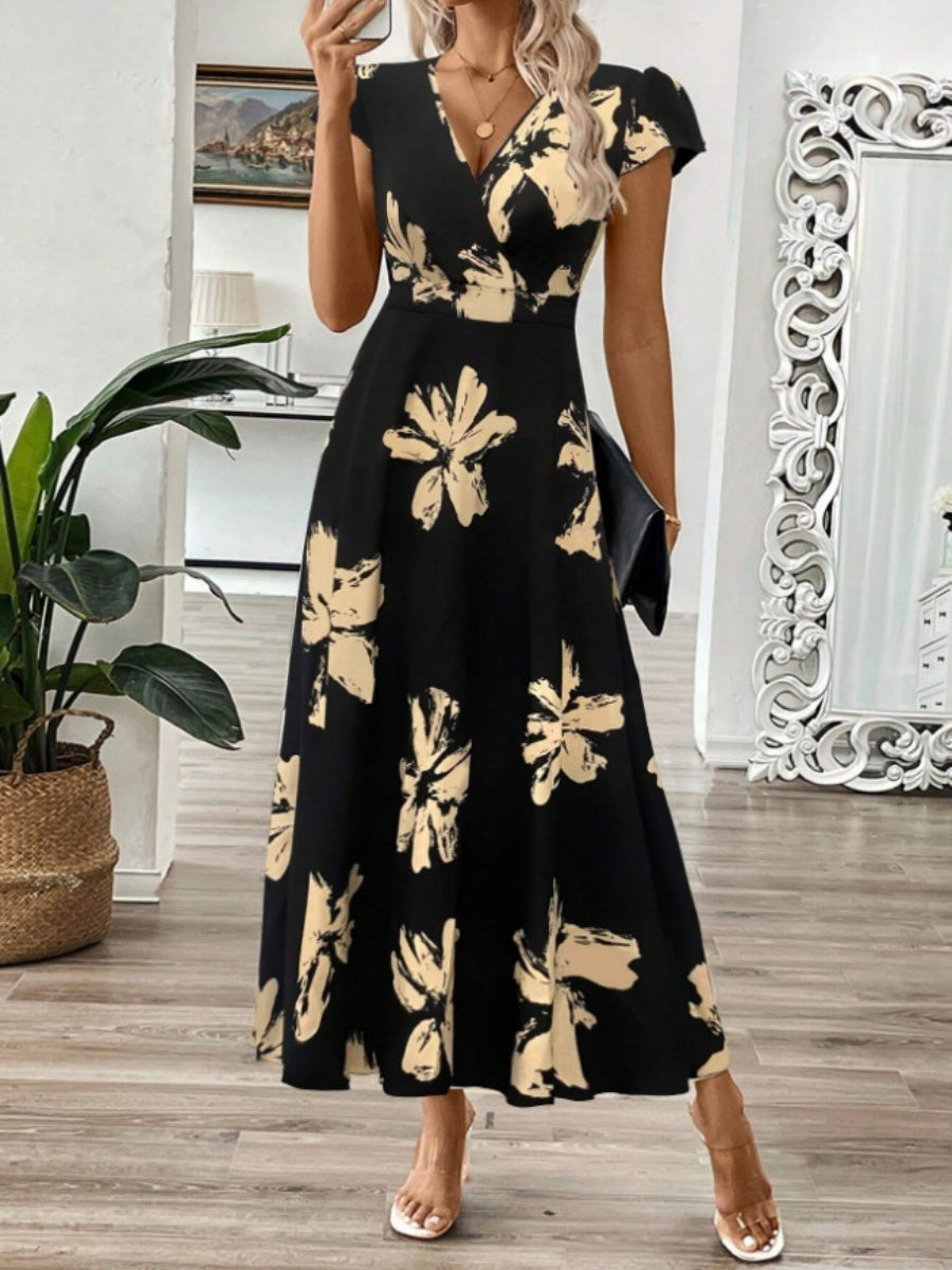 V-neck Ruffle Printed Vacation And Leisure Maxi Dresses