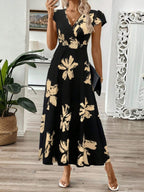 V-neck Ruffle Printed Vacation And Leisure Maxi Dresses