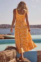 Floral Print Smocked Tie Shoulder Tiered Ruffle Maxi Dress