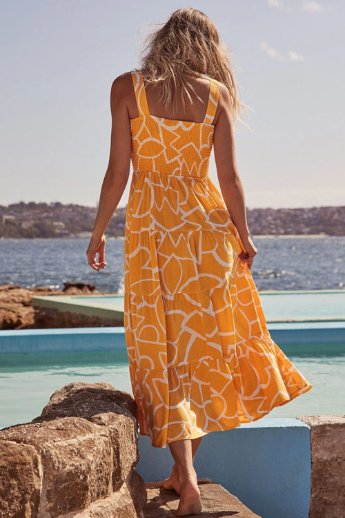 Floral Print Smocked Tie Shoulder Tiered Ruffle Maxi Dress