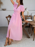 Slit Short Sleeve V-neck Vacation And Leisure Maxi Dresses