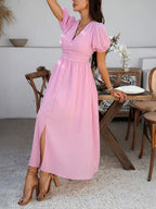 Slit Short Sleeve V-neck Vacation And Leisure Maxi Dresses