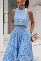 Eyelet Lace Heart Print Scalloped Trim Crop Top Wide Leg Pants Two Piece Set