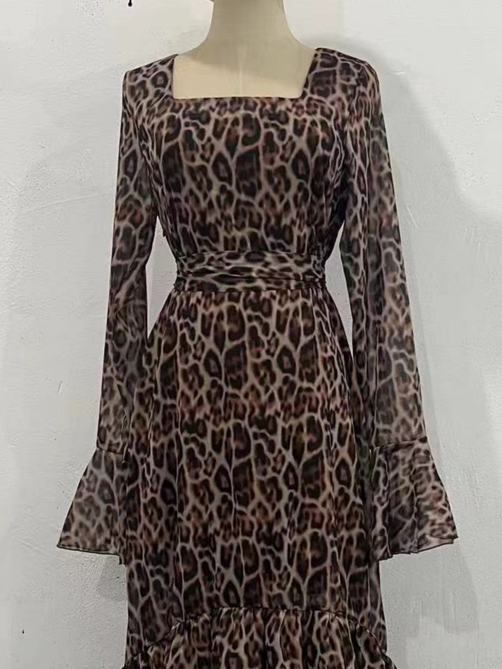 Leopard Print Chiffon Lotus Leaf Sleeves Splicing Maxi Dresses