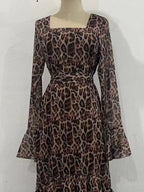 Leopard Print Chiffon Lotus Leaf Sleeves Splicing Maxi Dresses