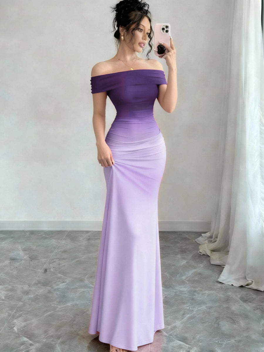 Off Shoulder Hip-hugging Gradient Maxi Dresses