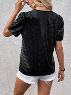 Sequins V-neck Short Sleeve T-shirt