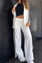 Color Block Open Front Blazer Elastic Waist Slit Wide Leg Pants Set