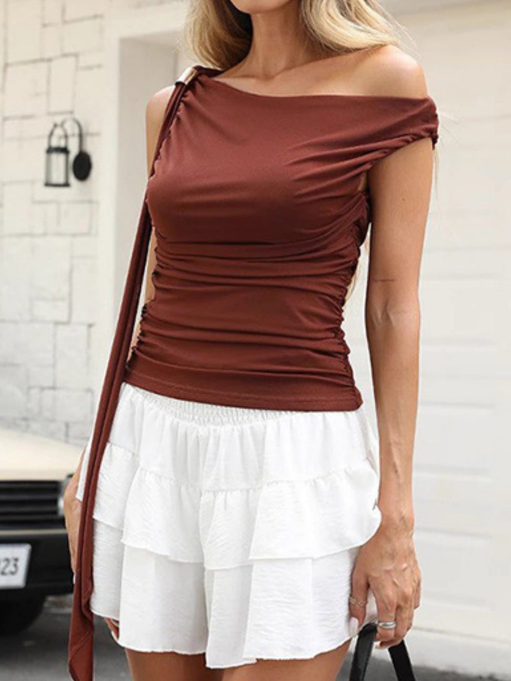 Double-layer Mesh Pleated Ribbon T-shirts