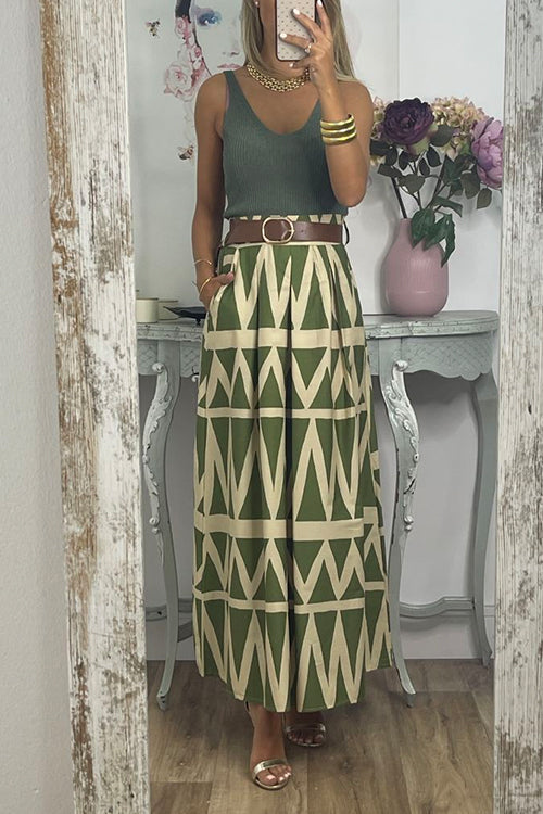 Pocketed Geometric Printed A-line Maxi Swing Skirt
