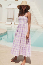 Gingham Square Neck Smocked Wide Strap Tiered Babydoll Maxi Dress