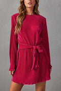 Plisse Pleated Tie Waist Crew Neck Long Sleeve Mini Dress