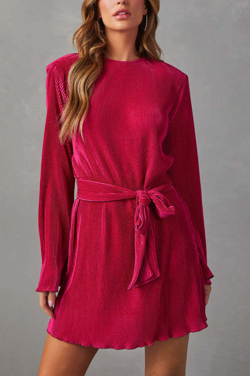 Plisse Pleated Tie Waist Crew Neck Long Sleeve Mini Dress