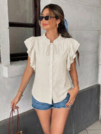 Lotus Leaf Sleeves Lace Up Buttons Stand Collar T-shirts
