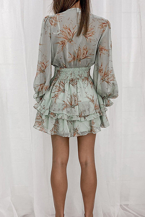 Tie Front Plunging V Neck Puff Sleeve Smocked Waist Tiered Ruffle Mini Dress
