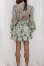 Tie Front Plunging V Neck Puff Sleeve Smocked Waist Tiered Ruffle Mini Dress