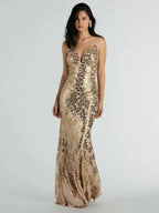 Backless Sequins Gold Parties Maxi Dresses