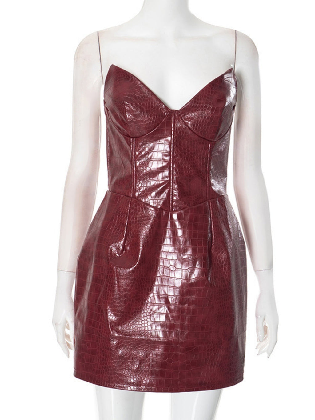 PU Leather Crocodile-patterned Leather Strapless Bra Mini&Short Dresses