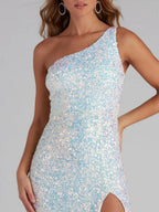 Sloping Shoulders Sequins High Slit Parties Maxi Dresses