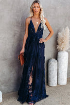 Halter Deep V-Neck Lace Floral Embroidered Empire Waist Backless Maxi Dress