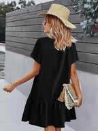 Single Row V-neck Loose-fit Short Sleeve Mini&Short Dresses