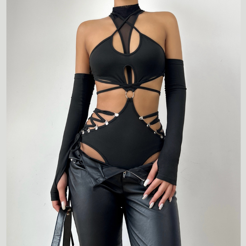 High neck o ring hollow out lace up gloves bodysuit  | Festival Outfits Women