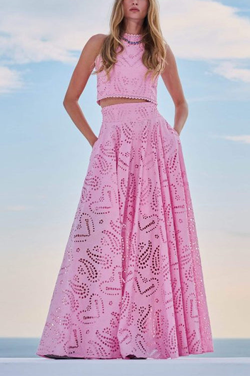 Lace Hollow Out Crewneck Crop Tank Top High Waist Maxi Swing Skirt Set