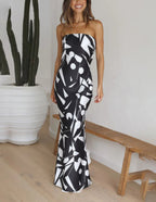 Abstract Geometric Print Strapless Satin Maxi Dress
