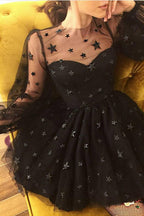 Illusion Yoke Sweetheart Puff Sleeve Star Applique Tulle Mini Dress