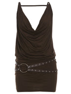 Silver Belt Decoration Pleated Backless Halter-neck Sleeveless Mini&Short Dresses