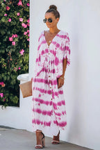 Tie Dye Print Kimono Sleeve Button Front Drawstring Waist Maxi Dress