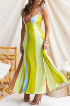 Adjustable Strap Striped Color Block Pocketed Maxi Dress
