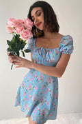 Square Neck Tie Front Puff Sleeve Ditsy Floral Milkmaid Mini Dress