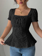Lace Bow Tie Square Neck Short Sleeve T-shirts