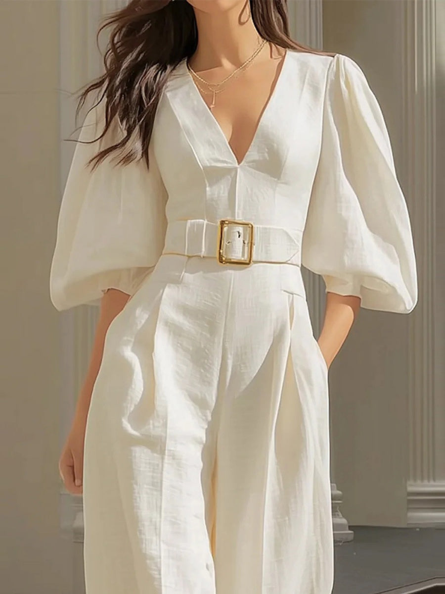 V-neck Loose-fit Belts Wide Leg Jumpsuits