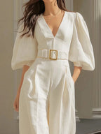 V-neck Loose-fit Belts Wide Leg Jumpsuits